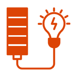 Orange battery icon connecting to light bulb icon
